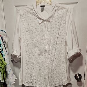 Catherines White Eyelet Button-Down Blouse